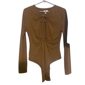 Camila Coelho Brown Long-Sleeve Ring-Front Bodysuit